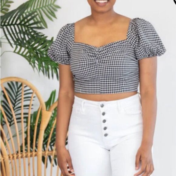 Pink Lily YOU'RE GENUINE CROPPED GINGHAM BLACK white Puff Sleeve Retro XXL - Picture 12 of 13